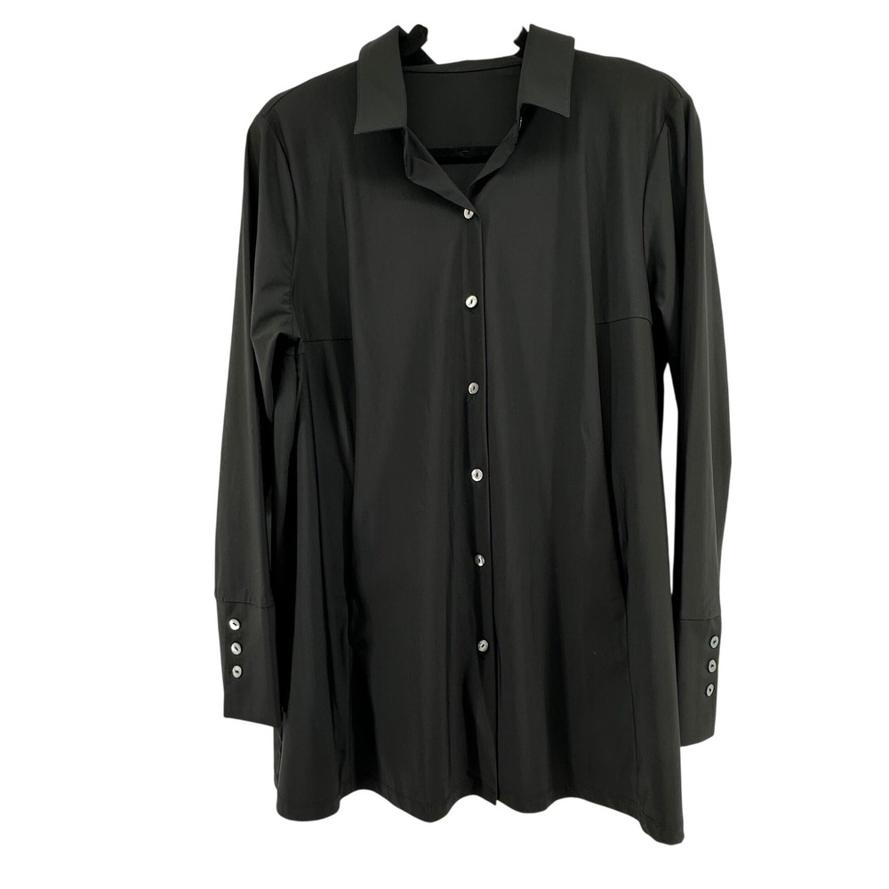 Pleated Back Button Up Tunic Shirt Womens L Black Minimalist Capsure Travel Chic
